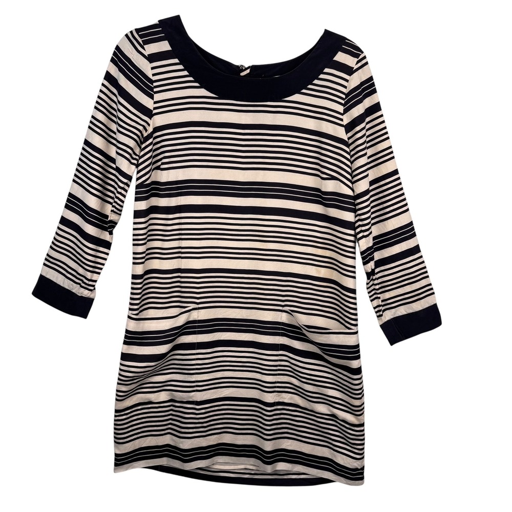 J. Crew Dress 6 Striped Navy Cream 100%‎ Silk Boat Neck 3/4 Sleeve Career Lined